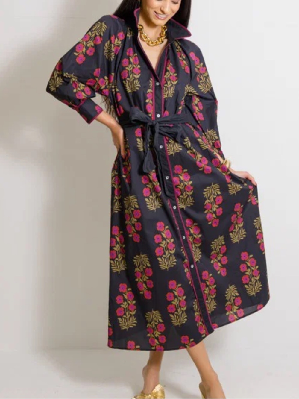 Umgee Vintage-Inspired Black Floral Button-Front Maxi Dress